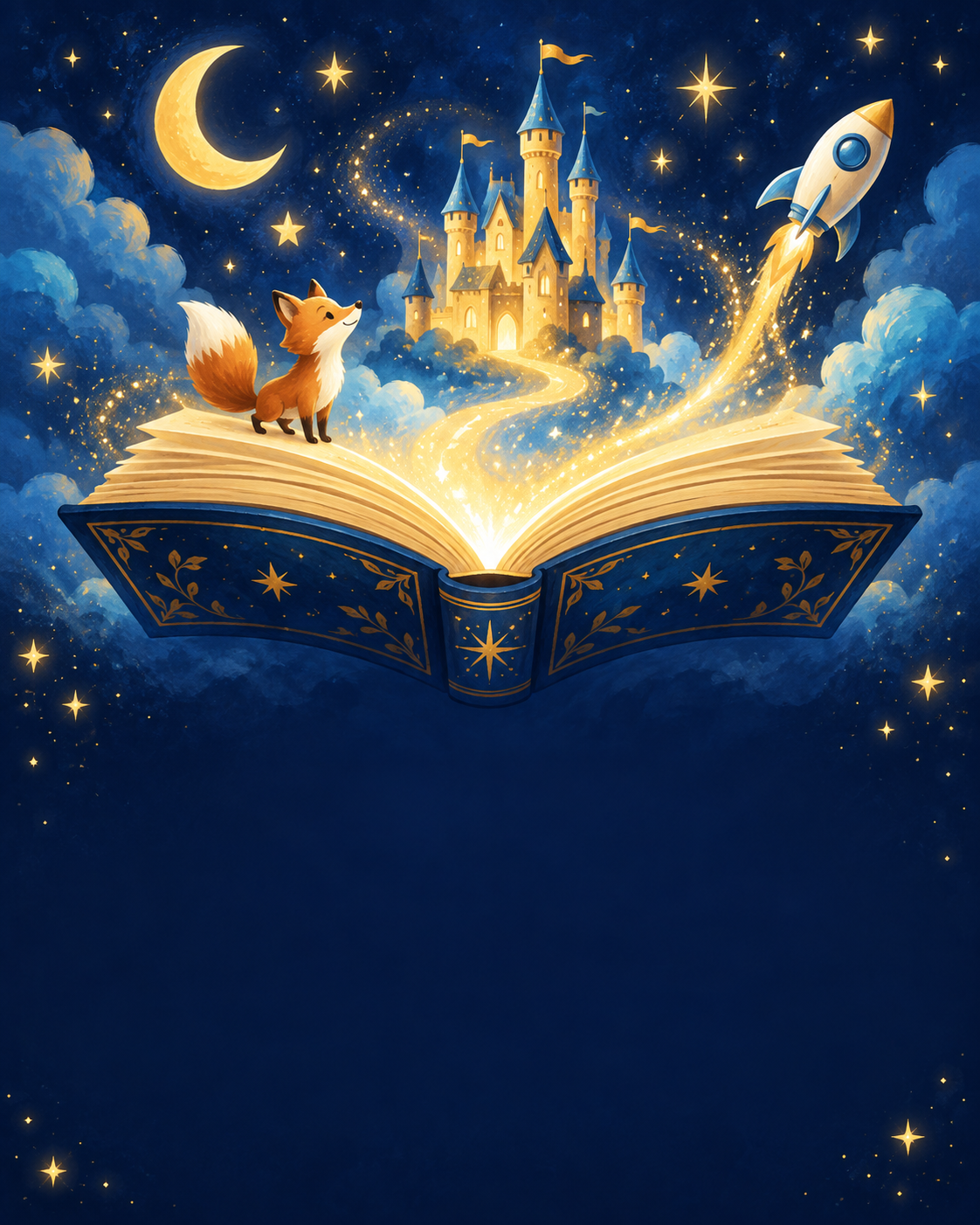 A magical storybook with a castle, rocket and fox among golden stars