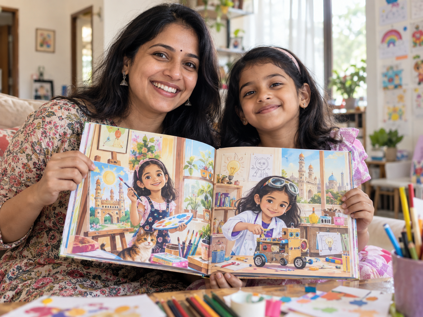 Indian aunt and niece showing a personalised creative book featuring the niece