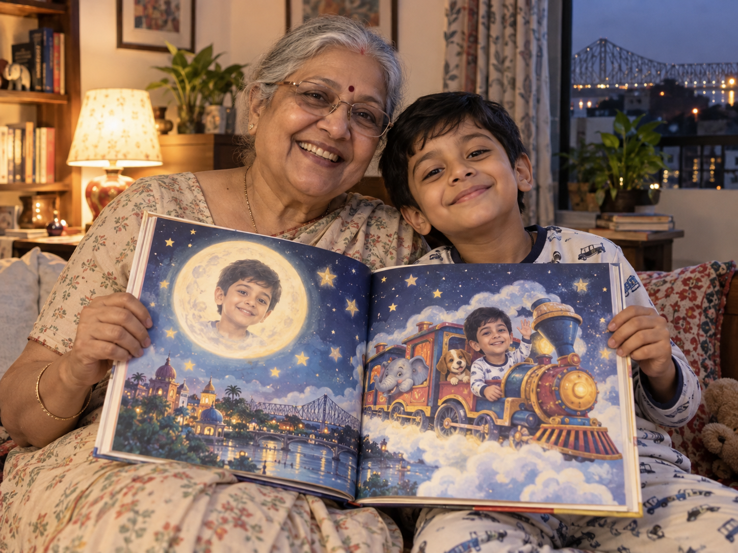 Indian grandmother and grandson showing a personalised bedtime book featuring the grandson