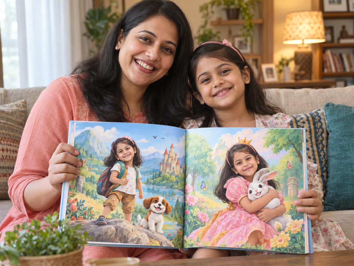 Indian mother and daughter showing a personalised storybook featuring the daughter