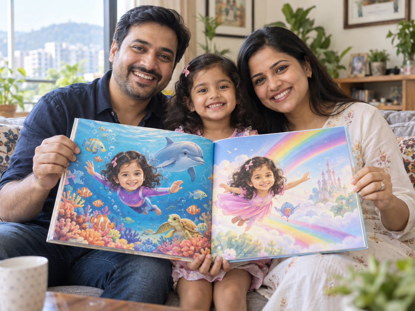 Indian parents and daughter showing a personalised underwater storybook featuring the daughter