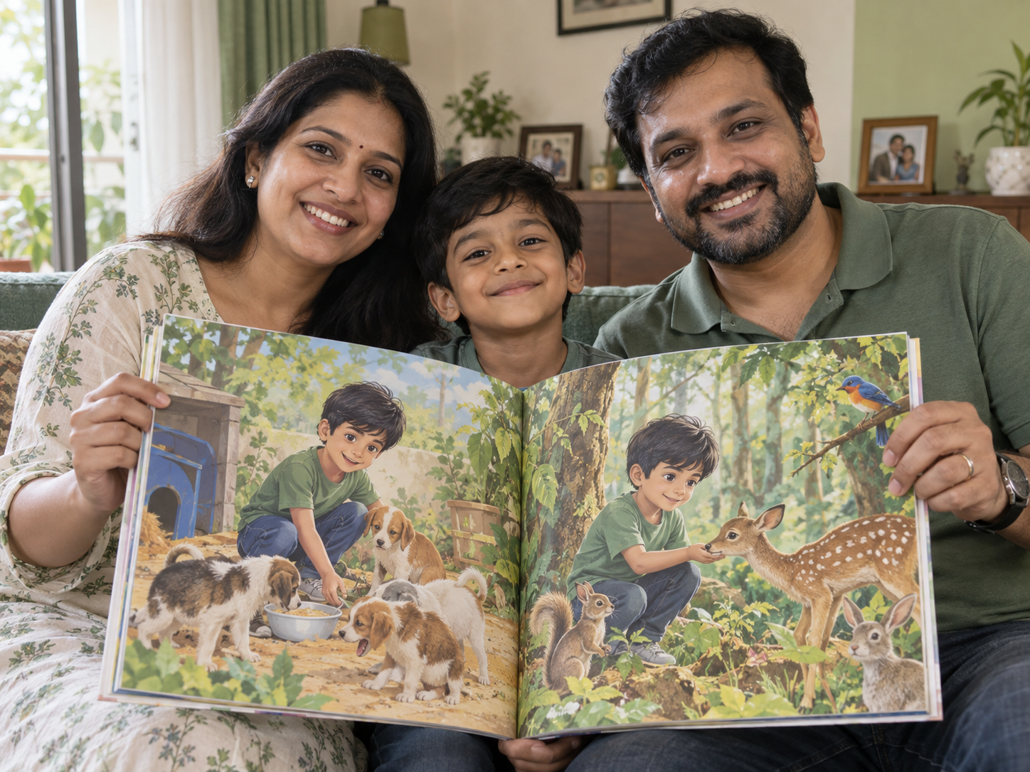 Indian parents and son showing a personalised animal-rescue book featuring the son